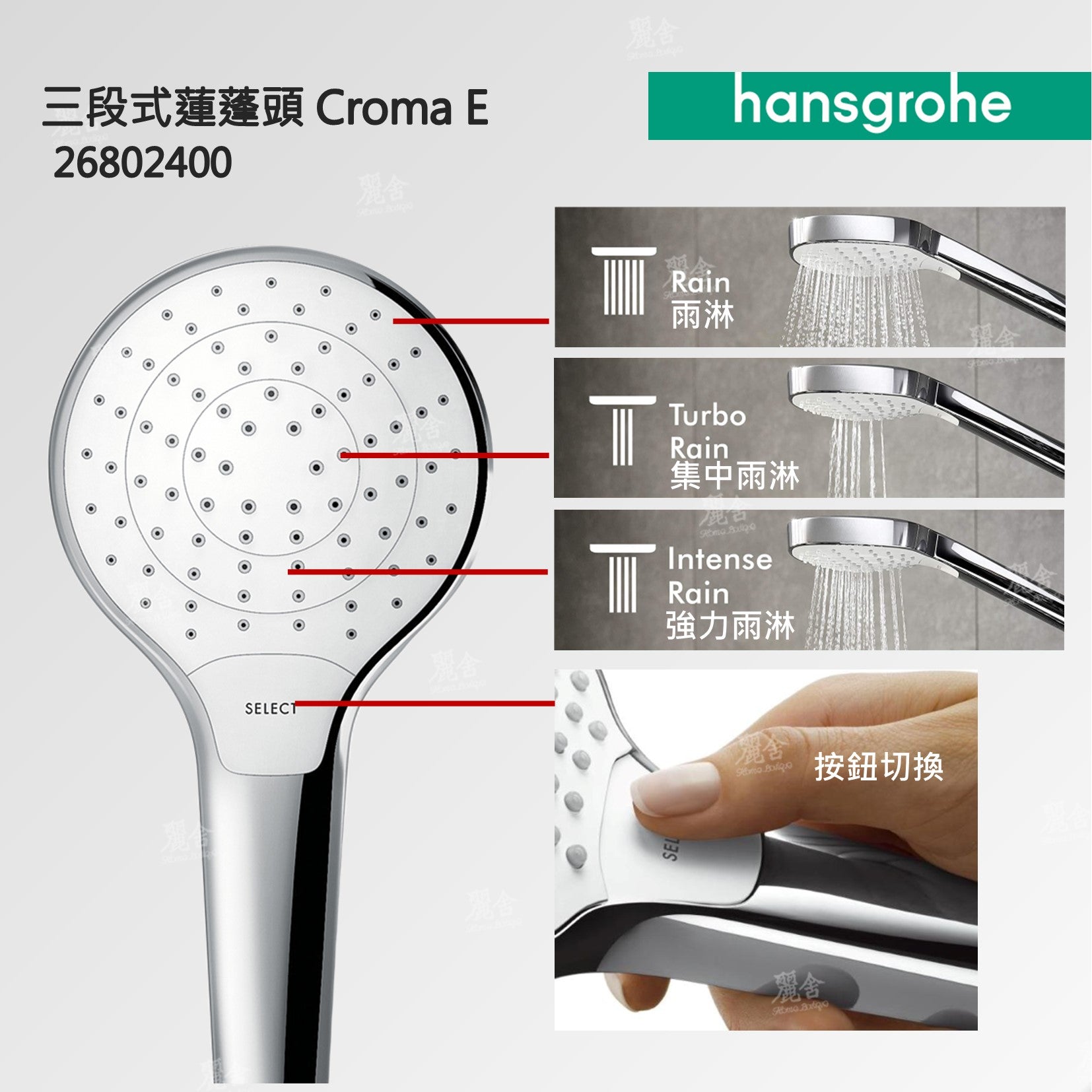 hansgrohe-三段式蓮蓬頭-Croma Select S Vario，26802-40