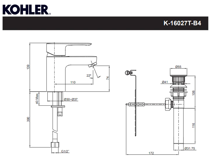 KOHLER-單槍臉盆龍頭-JULY，K-16027T-B4-CP